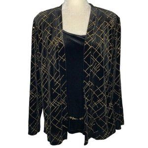 Notations Layered Look Cardigan Top L Black Velvet Gold Removable Jewelry Belt